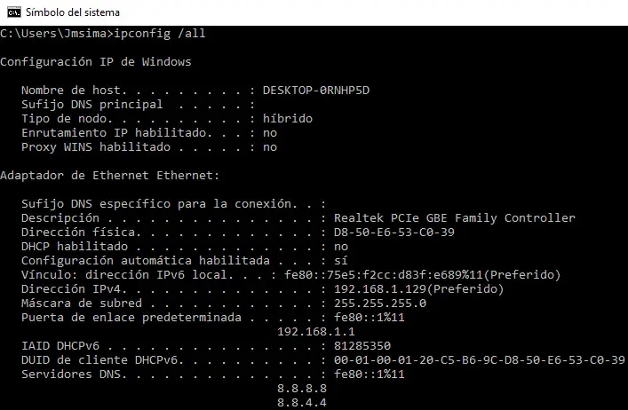 CMD mostrando un ipconfig all